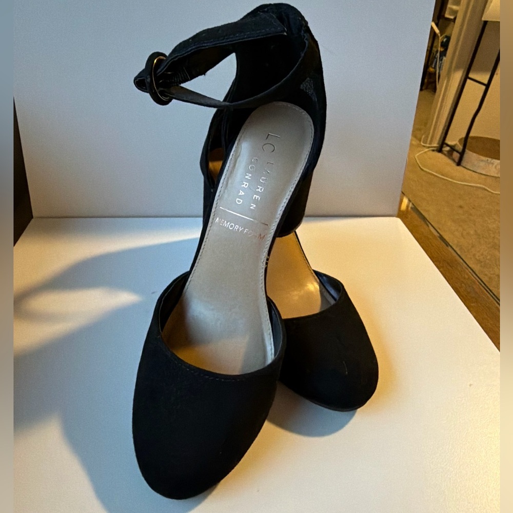 LC Lauren Conrad Black Suede Ankle Strap Heels